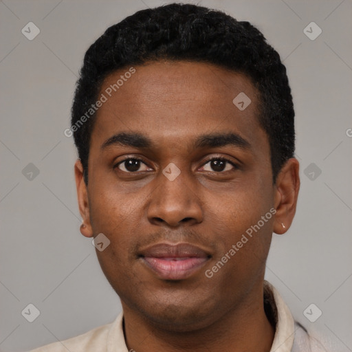 Neutral black young-adult male with short  black hair and brown eyes