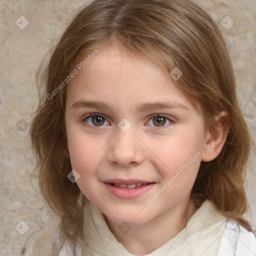 Joyful white child female with medium  brown hair and blue eyes