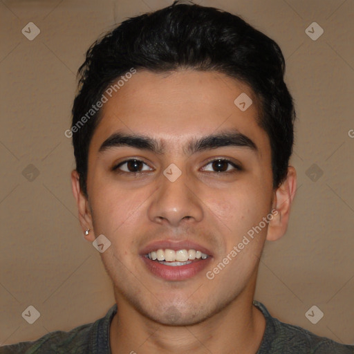 Joyful latino young-adult male with short  brown hair and brown eyes