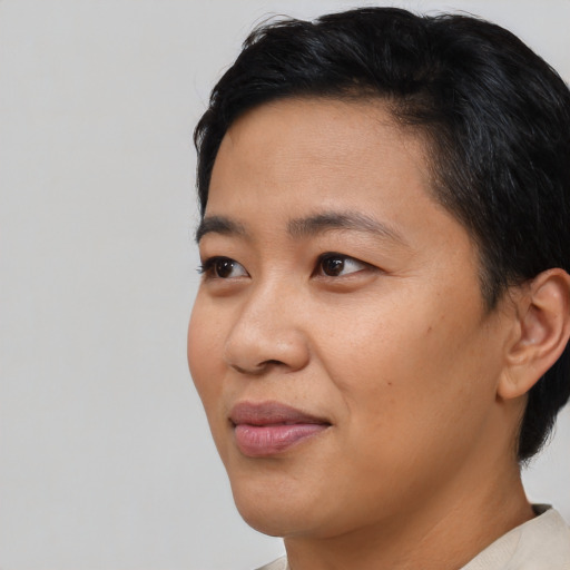 Joyful asian young-adult female with short  black hair and brown eyes