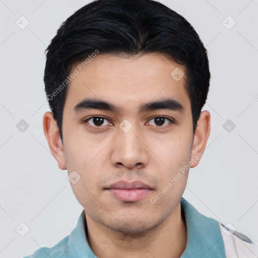 Neutral white young-adult male with short  black hair and brown eyes