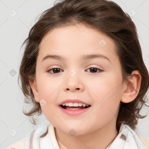 Joyful white child female with medium  brown hair and brown eyes