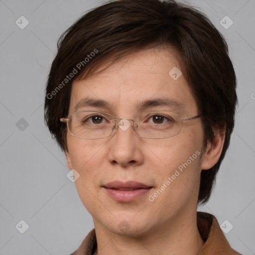 Joyful white adult female with medium  brown hair and brown eyes