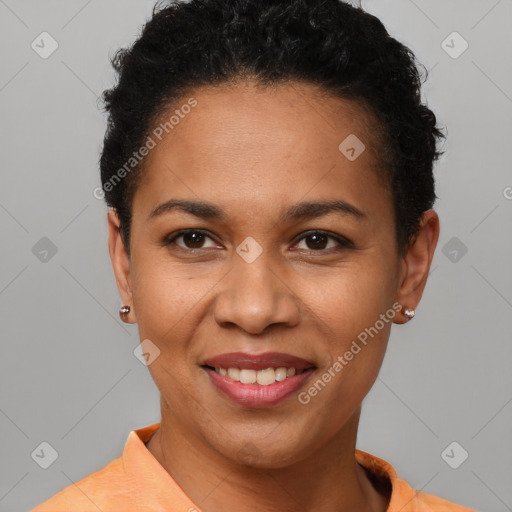 Joyful latino young-adult female with short  brown hair and brown eyes