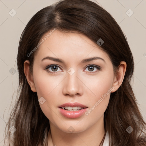 Neutral white young-adult female with long  brown hair and brown eyes