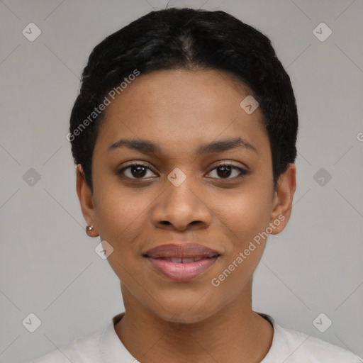 Joyful black young-adult female with short  black hair and brown eyes