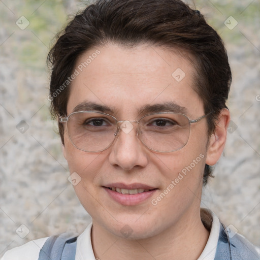 Joyful white adult female with short  brown hair and brown eyes