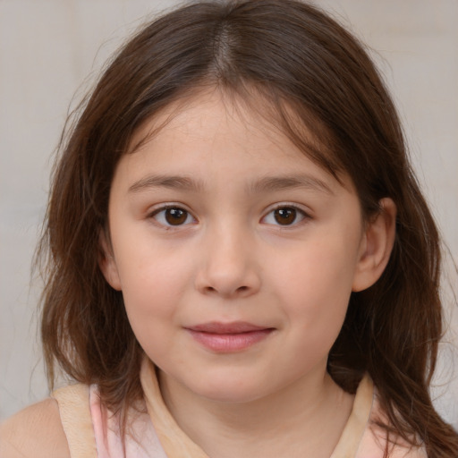 Joyful white child female with medium  brown hair and brown eyes