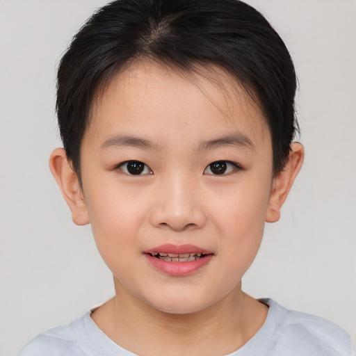 Joyful white child female with short  brown hair and brown eyes