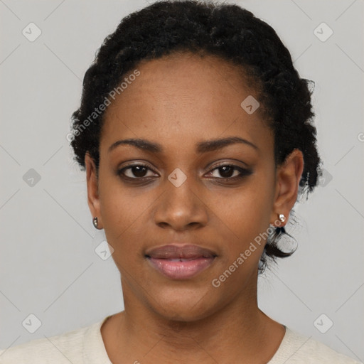 Neutral black young-adult female with short  black hair and brown eyes