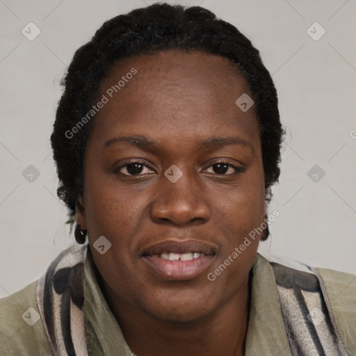 Joyful black young-adult female with short  black hair and brown eyes