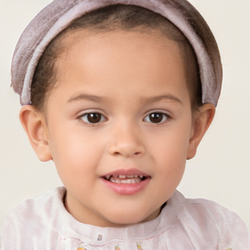 Joyful white child female with short  brown hair and brown eyes