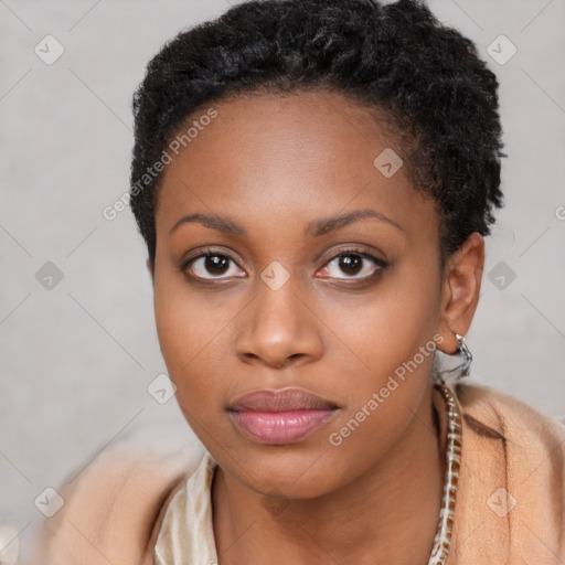 Neutral black young-adult female with short  brown hair and brown eyes