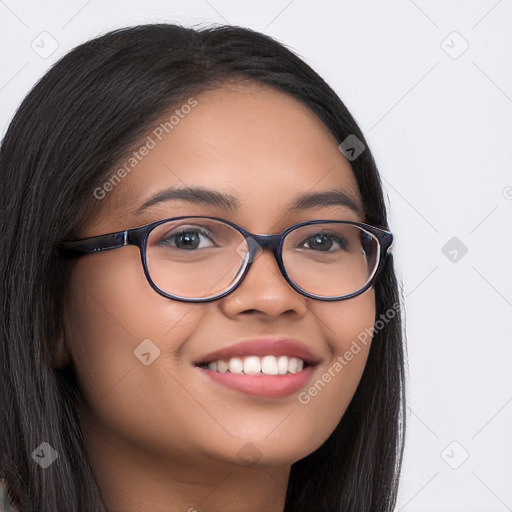 Joyful latino young-adult female with long  brown hair and brown eyes