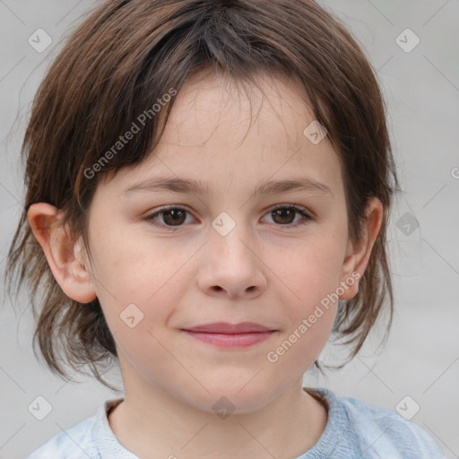 Joyful white child female with medium  brown hair and brown eyes