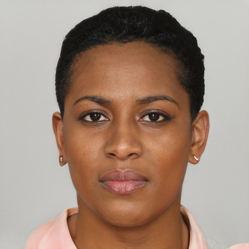 Neutral black young-adult female with short  black hair and brown eyes