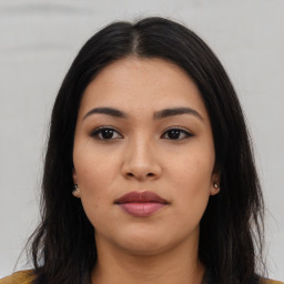 Neutral asian young-adult female with long  black hair and brown eyes