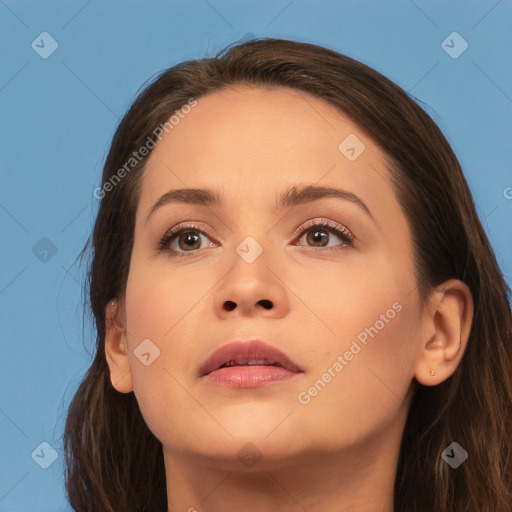 Neutral white young-adult female with long  brown hair and brown eyes