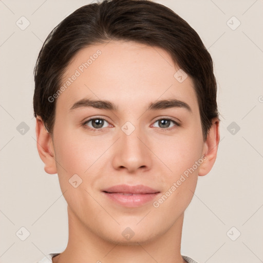 Joyful white young-adult female with short  brown hair and brown eyes