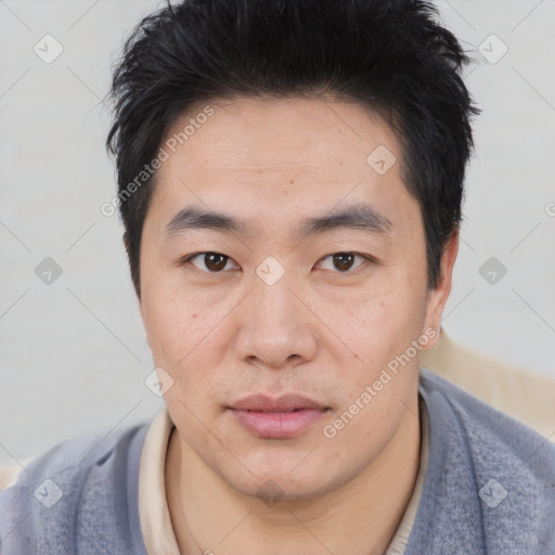 Neutral asian young-adult male with short  black hair and brown eyes