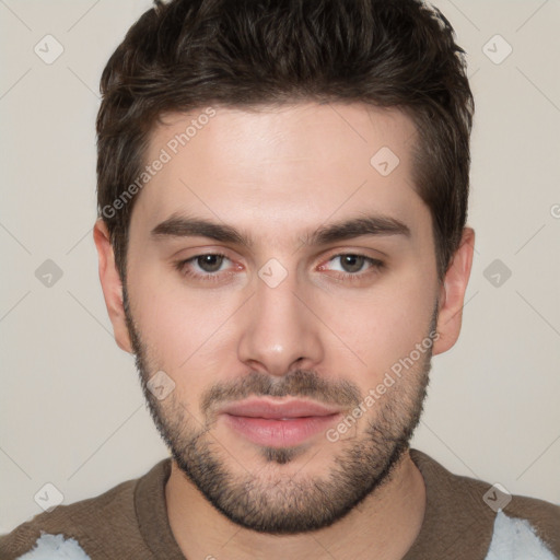 Neutral white young-adult male with short  brown hair and brown eyes