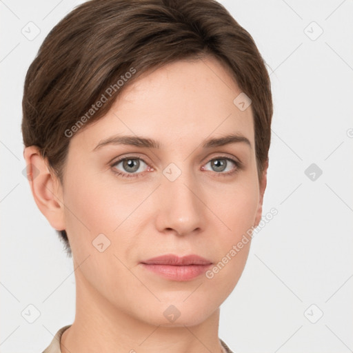 Neutral white young-adult female with short  brown hair and grey eyes