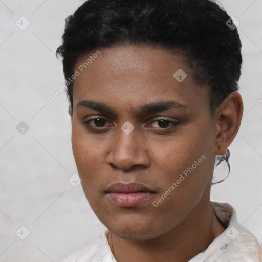 Joyful black young-adult male with short  black hair and brown eyes