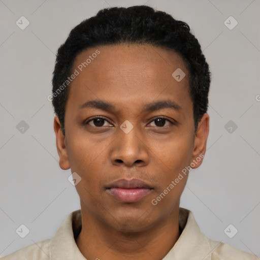 Neutral black young-adult male with short  black hair and brown eyes