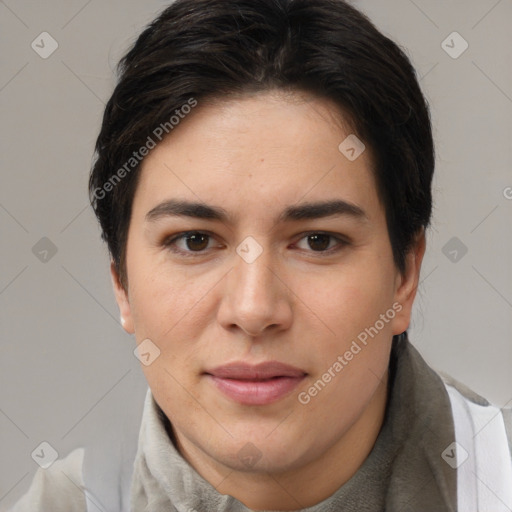 Joyful white young-adult female with short  brown hair and brown eyes