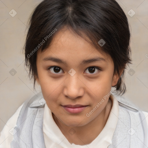 Joyful white child female with medium  brown hair and brown eyes