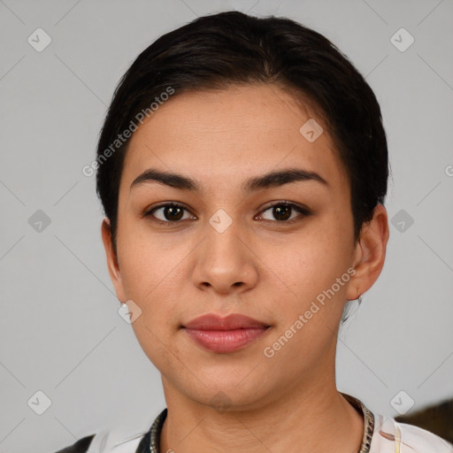 Neutral white young-adult female with short  black hair and brown eyes