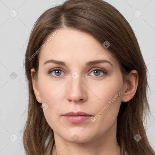 Neutral white young-adult female with long  brown hair and grey eyes