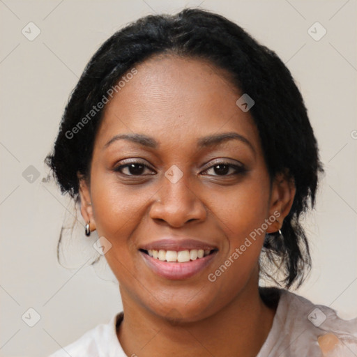 Joyful black young-adult female with medium  black hair and brown eyes