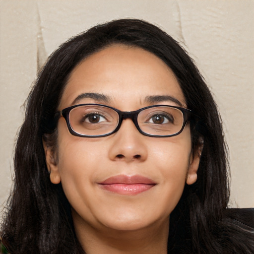 Joyful asian young-adult female with long  brown hair and brown eyes