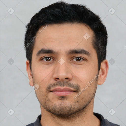 Neutral asian young-adult male with short  black hair and brown eyes