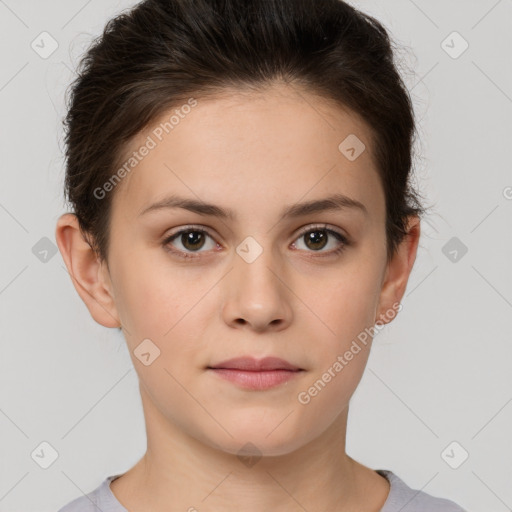 Neutral white young-adult female with short  brown hair and brown eyes