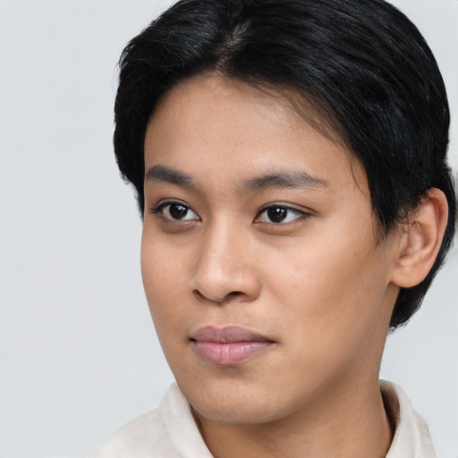 Neutral asian young-adult female with short  black hair and brown eyes