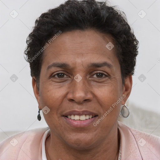 Joyful white adult female with short  brown hair and brown eyes