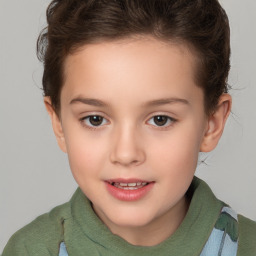 Joyful white child female with short  brown hair and brown eyes