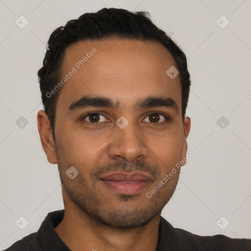 Neutral latino young-adult male with short  black hair and brown eyes