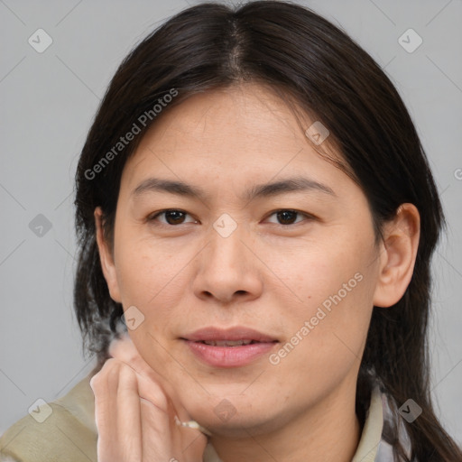 Joyful asian young-adult female with medium  brown hair and brown eyes