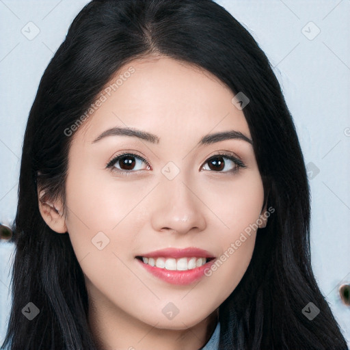 Joyful white young-adult female with long  black hair and brown eyes