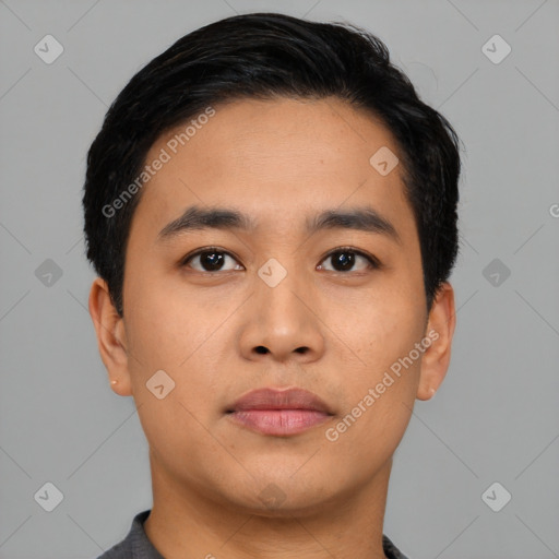Neutral asian young-adult male with short  black hair and brown eyes