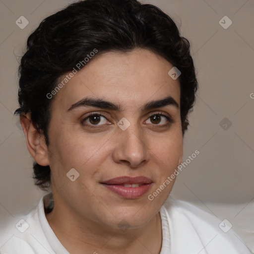 Joyful white young-adult female with short  brown hair and brown eyes