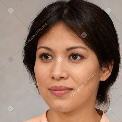 Joyful white adult female with medium  brown hair and brown eyes