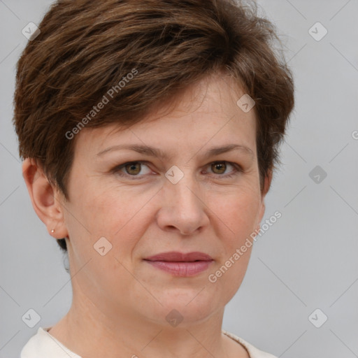 Joyful white adult female with short  brown hair and brown eyes