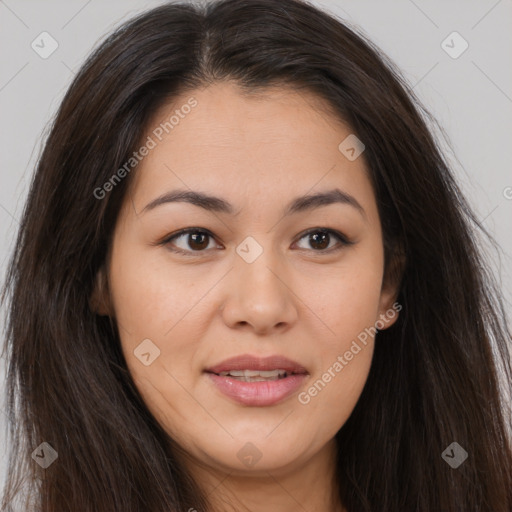 Joyful white young-adult female with long  brown hair and brown eyes