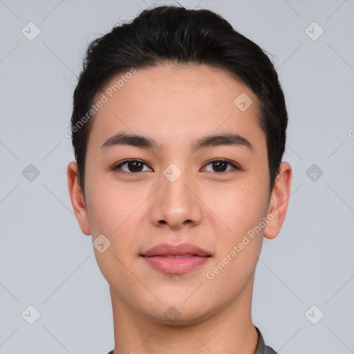 Joyful asian young-adult male with short  brown hair and brown eyes