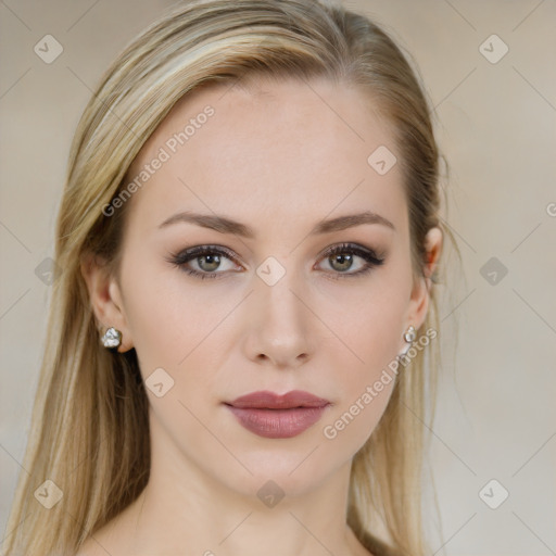 Neutral white young-adult female with long  brown hair and brown eyes