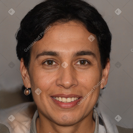 Joyful white adult female with short  brown hair and brown eyes